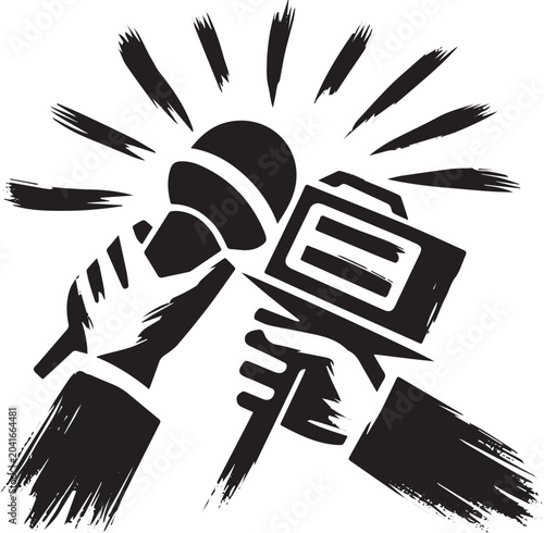 Expressive monochrome illustration of journalistic press coverag