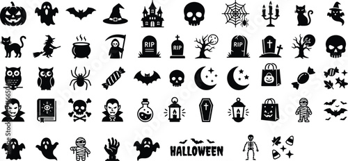Fotografie Halloween Icons Set Scary Symbols Ghost Pumpkin Witch Bat Skeleton Vector Pack