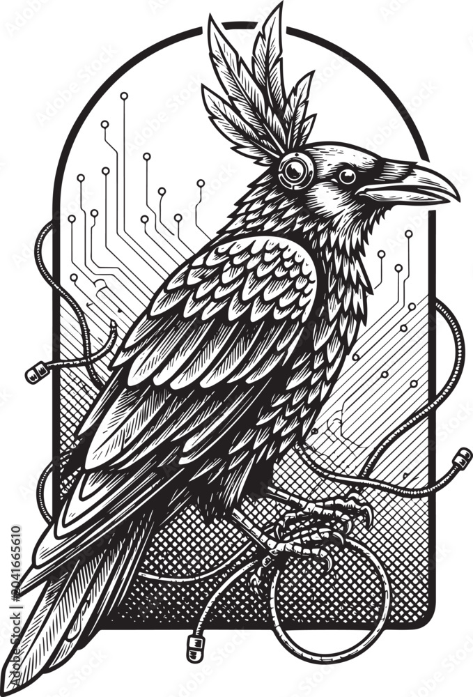 Naklejka premium Cyberpunk Raven Illustration: Engraved Bird with Electronic Circ