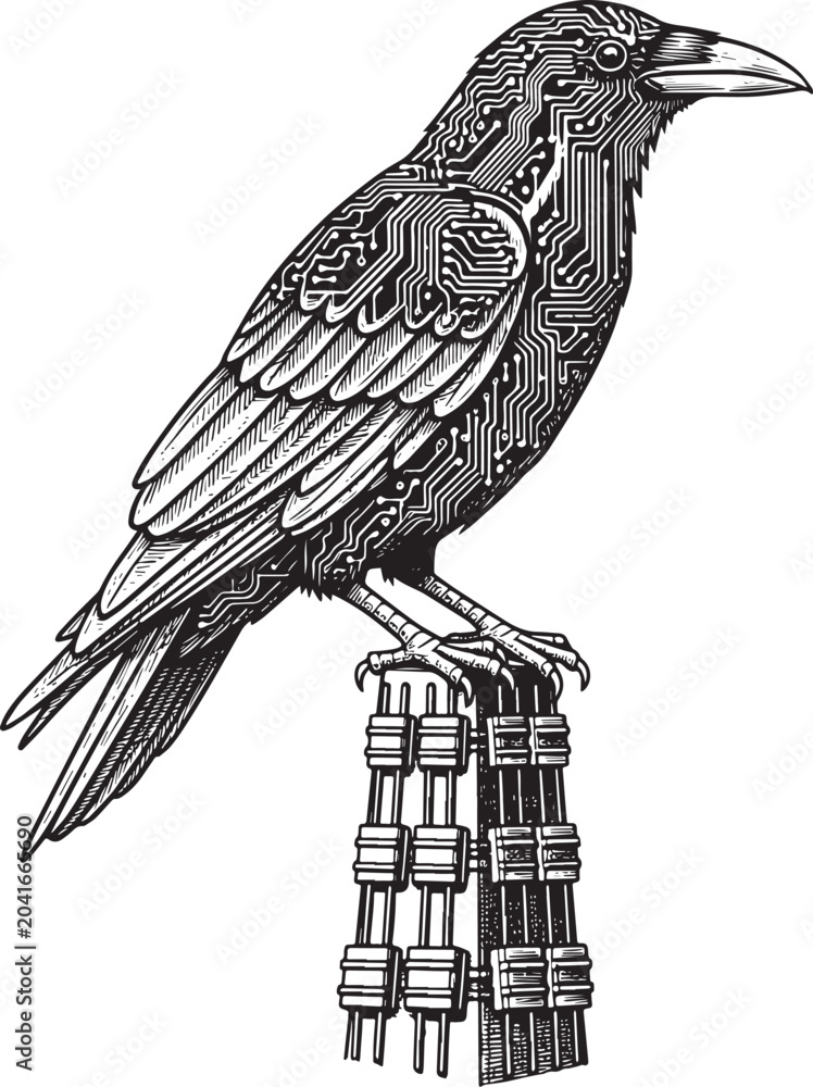 Obraz premium Technological Raven: Engraved Illustration of Circuitry-Detailed