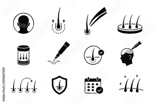 Hair care, beauty icons, 12 black vector graphics, hairdressing symbols, grooming illustrations