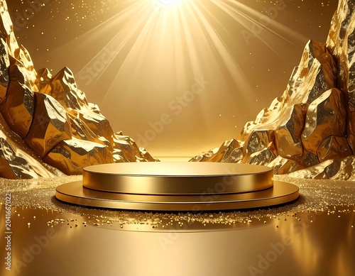Luxurious Golden Podium Illuminated by Dramatic Light in Metallic Mountain Scene