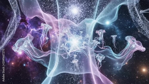 Abstract illustration of a luminous figure in cosmic space with jellyfish-like structures amidst a nebula