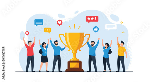 Group of happy people cheering and celebrating a victory around a giant golden trophy cup for successful teamwork and achievement.