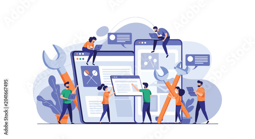 Team of small creative people working together on a large website interface on mobile and desktop screens using various tools.