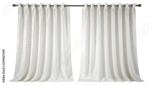 White curtains hanging on a silver curtain rod indoors for home decor transparent background