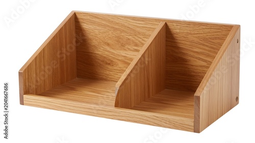 Wooden desk organizer for office supplies and papers on white transparent background