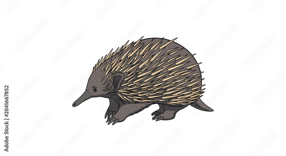 Fototapeta premium Detailed drawing of an echidna walking with its sharp quills and long snout visible against a clean white background.