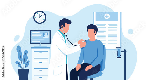 Male doctor in white lab coat using stethoscope to examine male patient in medical office during health checkup appointment.