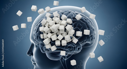 Transparent human head profile filled with white sugar cubes representing addiction.