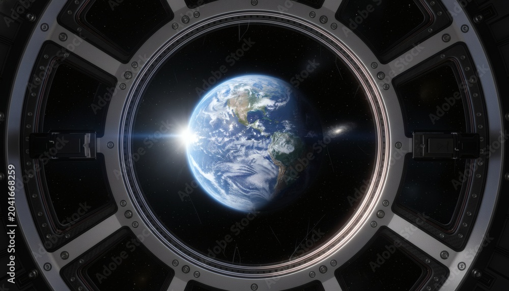 Fototapeta premium Planet Earth view from spacecraft window celebrating International Space Day concept for global exploration, scientific discovery, and human achievement in deep space