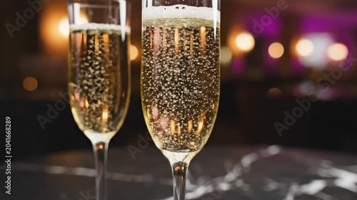 Sparkling champagne flutes sitting on a marble table with bubbles rising and a blurry background of lights