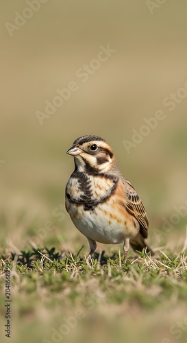 Small Striped Songbird Standing in Sunlit Grass Field