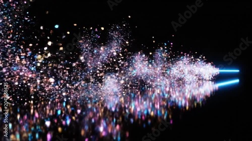 Abstract particle explosion effect from two blue neon laser beams with glowing reflections on black background