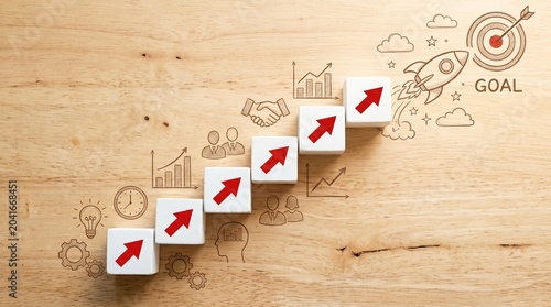  Six White Wooden Blocks with Red Arrows Ascending Like Steps Surrounded by Business Success Icons