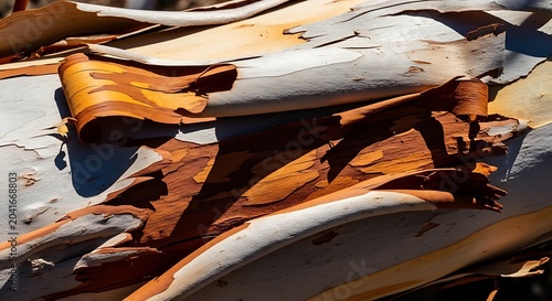 Peeling Eucalyptus Bark Curling in Bright Sunlight on Tree Trunk
