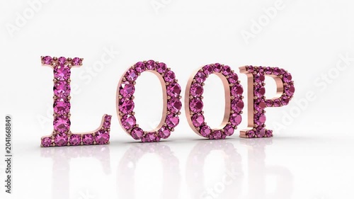 Luxurious 3D animated word loop made of shining pink gemstones, isolated on a white reflective surface.