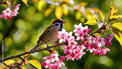 A beautiful sparrow bird perched on a branch of cherry blossoms in a sunny spring scene with musical background