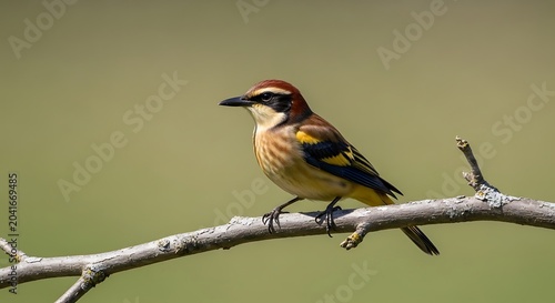 Colorful Small Bird Perched on Bare Branch Against Soft Green Background