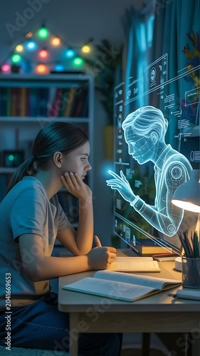 teenage student studying with ai hologram desk books night scene learning education technology futuristic interaction knowledge innovation artificial intelligence study environment academic