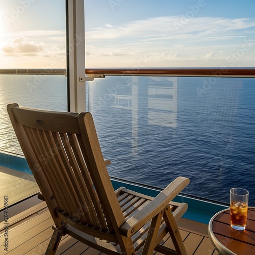 Wooden Lounge Chair Facing Calm Ocean View on Sunny Cruise Ship Balcony