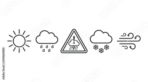 Minimalist weather web icons set with sun, rain, warning, snow and wind line style symbols