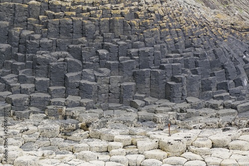 Close-up view of hexagonal basalt columns and rocks on the coast, Hebridean Overture, Isle of Staffa, Inner Hebrides, Scotland, United Kingdom
