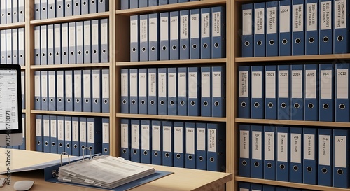 Organized Blue Office Binders Arranged on Wooden Shelves in Document Archive Room