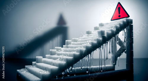 Dark staircase made of sugar cubes leading to a warning sign.