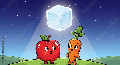 Cartoon apple and carrot looking at a glowing cosmic sugar cube.