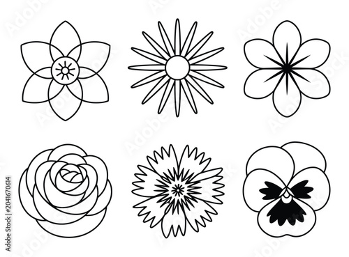 Collection of six stylized black and white floral