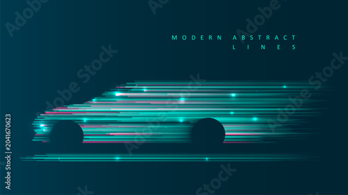 Abstract digital speed motion car silhouette made of glowing lines. Graphic concept for design
