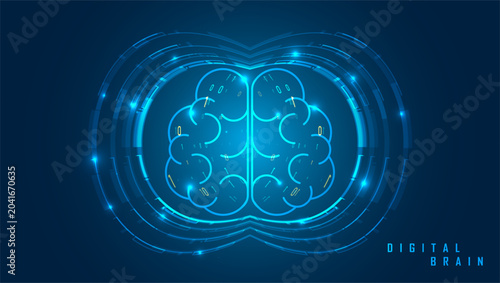 Futuristic glowing blue digital brain interface representing artificial intelligence and computing. Graphic concept for design