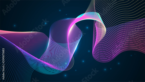 Futuristic abstract background with glowing neon wavy lines and particles. Graphic concept for design