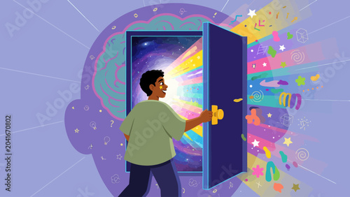 Full color vector artwork of a person opening a door inside their own mind