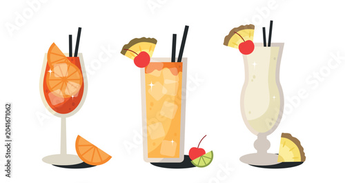 Set of three tropical beach cocktails with ice cubes and orange garnish including pina colada and aperol spritz. Refreshing summer drinks vector illustration isolated on white background