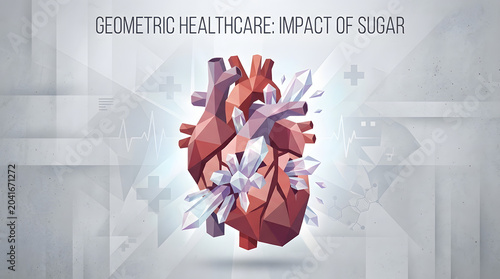Geometric low poly human heart with white sugar crystals impact design.