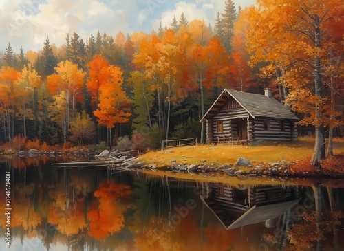 Classic romanticist oil painting of a wooden log cabin by a lake in autumn wilderness with colorful reflections