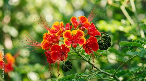 : Red Yellow Pride of Barbados Flowers Close-Up with Green Leaves