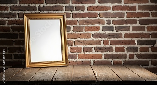 Ornate Gold Frame Mirror Leaning on Wooden Table Against Rustic Brick Wall