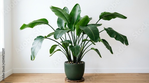 Bird of Paradise Plant in Dark Green Pot Against White Wall