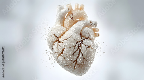 Anatomical human heart model made entirely of white sugar crystals.