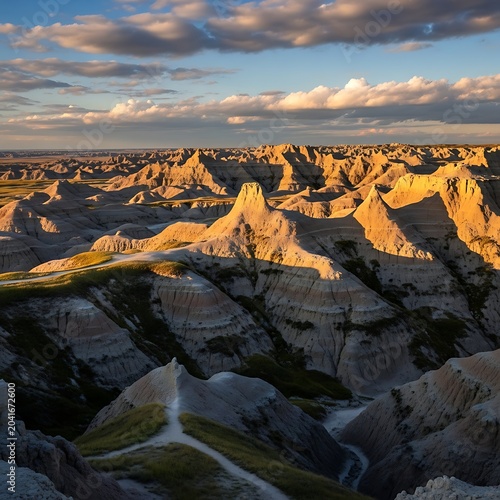 Golden Rugged Badlands Formations Glowing at Sunset Under Dramatic Cloudy Sky