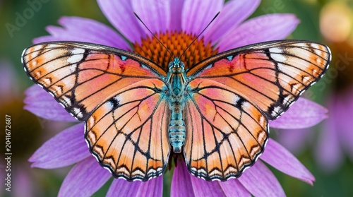  Orange black white butterfly with teal body on purple coneflower