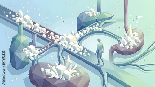 Low poly human anatomy showing sugar cubes in digestive system.