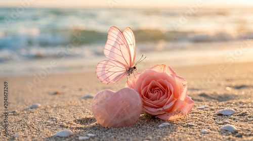  Pink butterfly on rose with heart shape on beach sand at sunset
