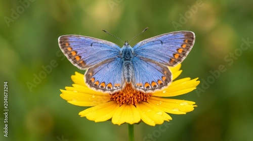 Blue butterfly with brown orange markings on bright yellow flower