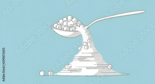 Large spoon pouring pile of white sugar cubes onto heap.