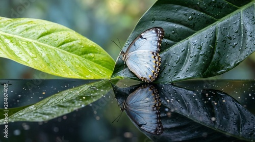  Blue butterfly resting on wet dark green leaf with reflection