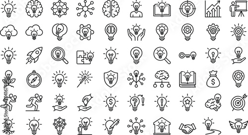 Creativity and Big Idea Thin Line Icon Set Featuring Light Bulbs, Brainstorming, Innovation, Target, Rocket, Strategy, and Solutions for Business and Education Projects